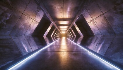 neon laser purple blue sci fi futuristic alien spaceship concrete stone cement purple blue glowing corridor tunnel showroom hangar underground hallway basement 3d rendering - obrazy, fototapety, plakaty