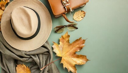 elevate your style quotient with chic fall accessories top view arrangement of beige hat leather bag grey scarf stylish eyewear dry maple leaves on pastel green background with promo area - obrazy, fototapety, plakaty