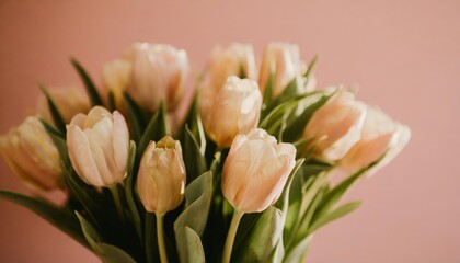 bouquet of beautiful tulip flowers on pink background
