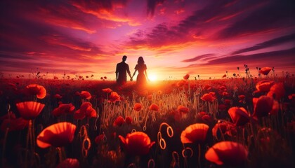 Romantic Sunset with Couple's Silhouette Against Vivid Red Poppy Field and Majestic Sky with Golden Sun Rays
