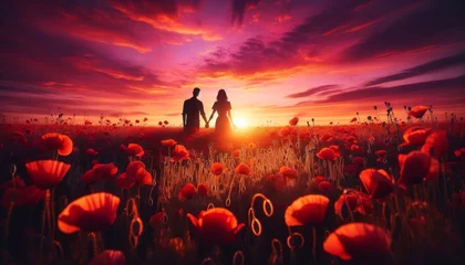 Fototapeten Romantic Sunset with Couple's Silhouette Against Vivid Red Poppy Field and Majestic Sky with Golden Sun Rays © Ross