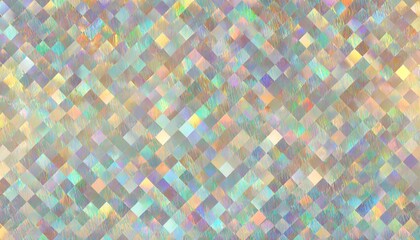 seamless iridescent silver holographic chrome foil vaporwave mosaic square background texture pearlescent pastel rainbow prism pixel glitch effect pattern retro 80s webpunk abstract