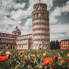 Iconic Leaning Tower of Pisa with Historical Buildings and Lush Greenery - obrazy, fototapety, plakaty