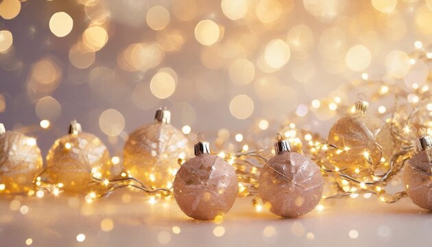 holiday illumination and decoration concept christmas garland bokeh lights over pastel shaded background banner stars baubles and decoration for x mas