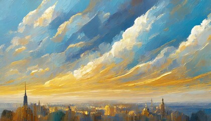 abstract background as surreal illustration of cloudscape above city in style of oil paintings of van gogh blue white and yellow clouds swirls