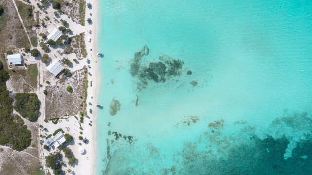 overhead aerial shot of the beautiful Caribbean beaches on the coasts of the virgin islands of Los Roques, Venezuela