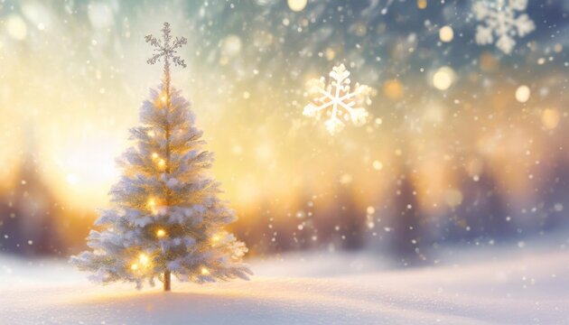 abstract winter background featuring a blurred christmas tree in a snowy landscape with a snowflake as a symbol of christmas
