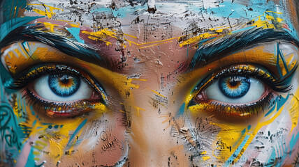 Mural callejero de ojos femeninos con pintura,  graffiti contra fondos urbanos arenosos para una sensación vanguardista y dinámica. Generado con tecnología IA - obrazy, fototapety, plakaty