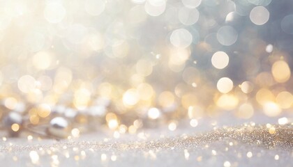 shining blurred cold silver bokeh background with glitters and lights glowing silver white holiday banner for christmas new year and other celebration with bokeh lights and copy space