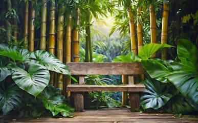 Wooden seat with bamboo forest background in park, , AI generated