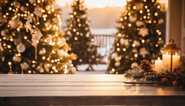 empty table in front of christmas tree with decoration background