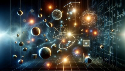 Obraz premium Quantum Physics Concept Art with Floating Geometric Shapes and Ethereal Light Connections in Dark Space