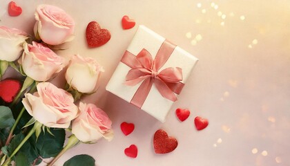 valentine or mother day festive composition with gift or present box rose flowers and red pink hearts on pastel background top view beautiful flat lay greeting card