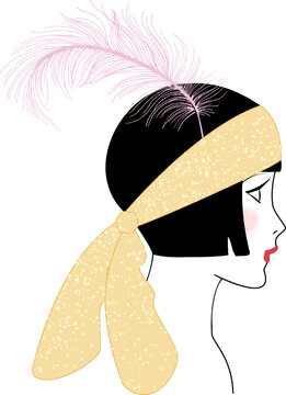 flapper with scarf headband and feather in profile