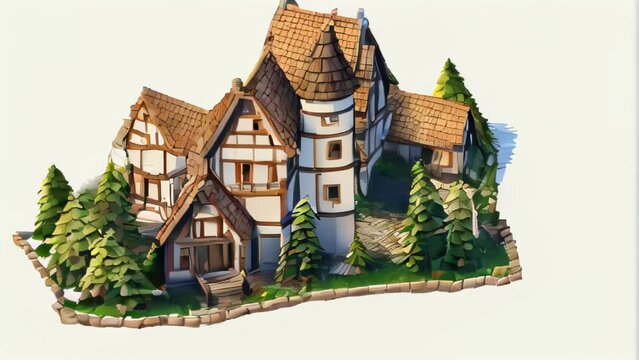 3D model of a fictional medieval-style house surrounded by green trees.
