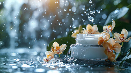 Glass cosmetic jar with skin face care moisturizer cream with rain on waterfall water surface...