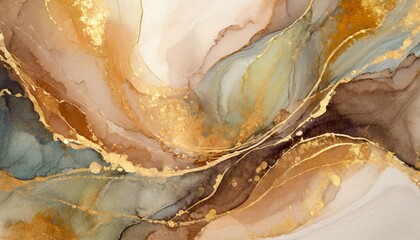 abstract watercolor painting with circular flow brown and gold marble texture background using alcohol ink part of a collection - obrazy, fototapety, plakaty