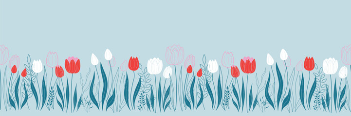 Seamless border with red and white tulips and vines. Cute endless frame for banner, easter decoration, background, wallpaper, fabric or other design. Vector illustration. Not AI created.