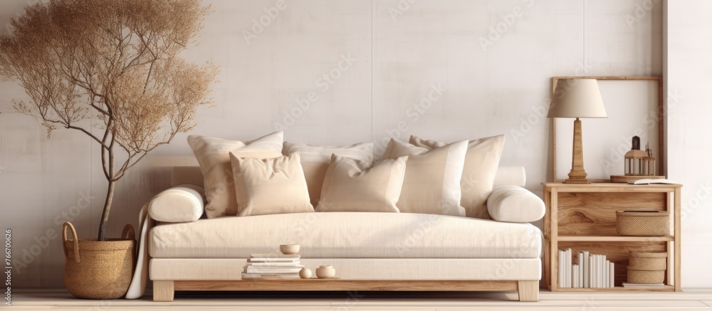 Aufkleber a close-up view of a comfortable couch adorned with soft pillows, accompanied by a small table featu