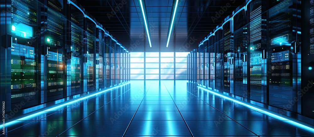 Poster the server room is filled with multiple servers and many large windows, featuring a symmetrical patt
