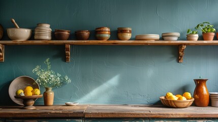 A shelf with pots and bowls on it next to a blue wall, AI - obrazy, fototapety, plakaty