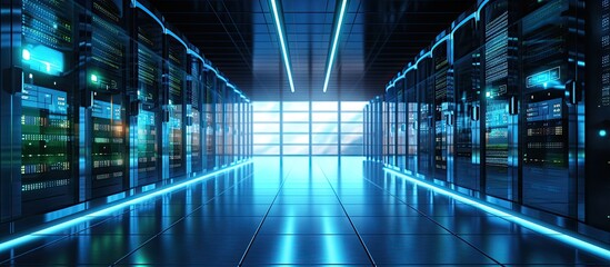 The server room is filled with multiple servers and many large windows, featuring a symmetrical pattern of electric blue display devices. The transparent windows offer views of the aqua water outside