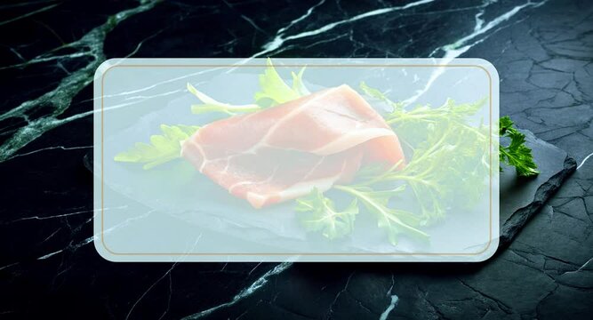 Elite Spanish Jam&oacute;n Slicing with Lemon and Herbs on Slate Presentation. Video Mpckup screensaver interlude for cooking videos or videos about BBQ, meat.