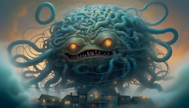 A monster with a foggy head and sharp teeth, representing the concept of brain fog.