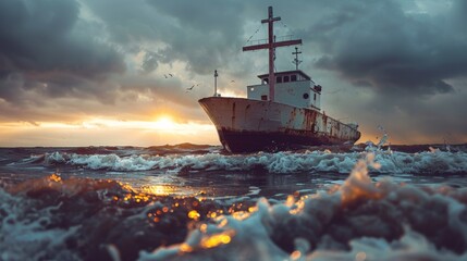 A boat is sitting in the water at sunset, AI - Powered by Adobe