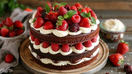 A large cake with strawberries and cream on top of a wooden table, AI