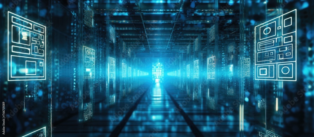 Poster a computergenerated image of a futuristic tunnel with electric blue lighting at the end, showcasing 