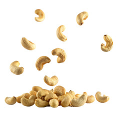 Fototapeta na wymiar Flying cashew nuts isolated on transparent background. Healthy food. Top view.