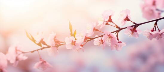 A closeup of a cherry blossom tree branch with pink flowers, capturing the beauty of nature in its vibrant colors and delicate petals