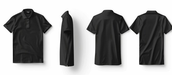 Mock-up template of a blank collared shirt showing front and back views, set against a white background, alongside a simple black t-shirt mockup for showcasing tee designs intended for printing.
