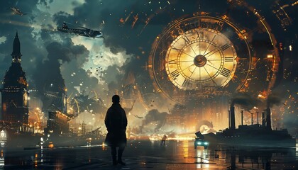 Time Traveler's Dilemma, Evoke contemplation with an image showing a time traveler facing moral or existential dilemmas, AI - obrazy, fototapety, plakaty