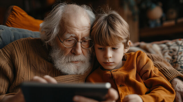A grandfather with his grandson watching content on a tablet on the couch at home. Concept grandparents and grandchildren, technology, entertainment.