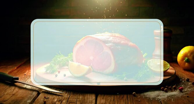Succulent Ham with Lemon and Parsley on Cutting Board Moving Video Background with Text Placeholder. Video screensaver interlude for cooking videos or videos about BBQ, meat.
