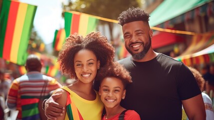 Cheerful family of three celebrating Juneteenth Freedom and African liberation day. Black life matters. Black history month.