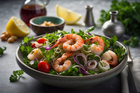 Erfrischender Italienischer Meeresfr&uuml;chtesalat mit Shrimps und frischen Kr&auml;utern