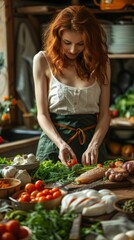 A woman with red hair standing over a table of food, AI