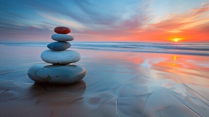 Obraz na płótnie Canvas A stack of stones on the beach at sunset, AI
