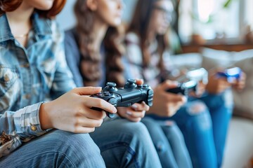 A group of young women are playing video games together