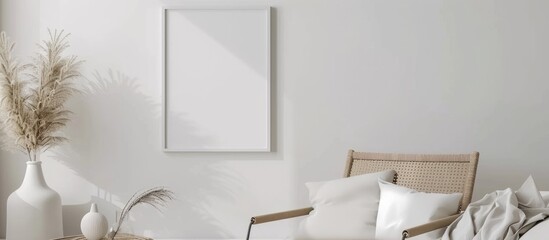 A photo frame on a white wall in a modern Scandinavian styled living room with an empty copy space for artwork. Depicts home staging and minimalistic design.