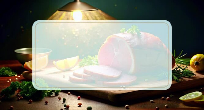 Succulent Ham with Lemon and Parsley on Cutting Board Moving Video Background with Text Placeholder. Video screensaver interlude for cooking videos or videos about BBQ, meat.