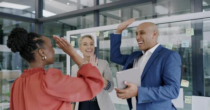 Business people, high five and teamwork for tablet results, data analytics report or news of profit, sales or growth. Happy man, women or group in celebration, achievement and digital target or goals