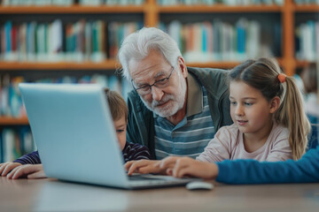 Attentive grandfather helping granddaughters with homework on laptop in library