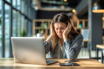 Stressed young businesswoman with headache working on laptop in modern office