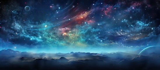 A stunning natural landscape at night with a sky filled with numerous stars and a planet seen in the distance, creating a magical celestial event