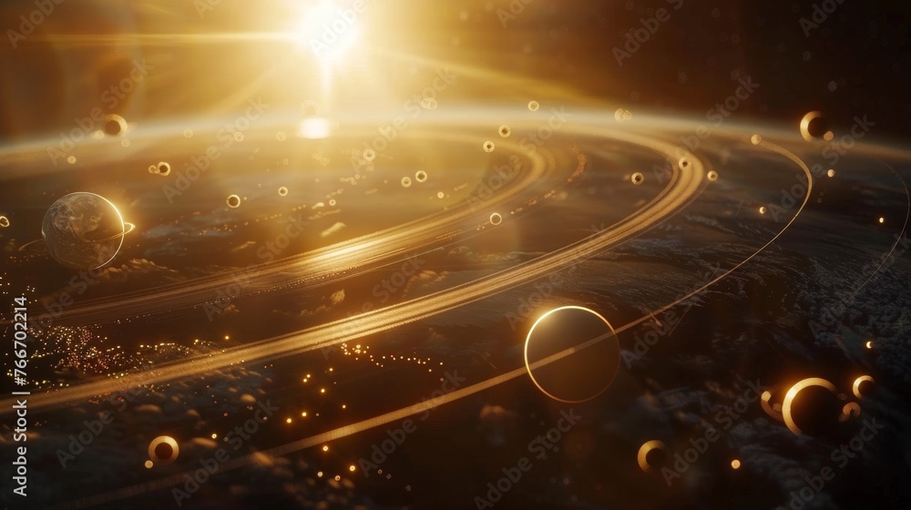 Poster a close up of a planet with many planets orbiting it, ai
