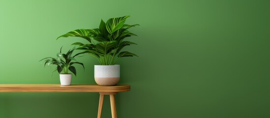 Two houseplants are displayed in flowerpots on a wooden table against a green wall, adding a touch of nature to the room